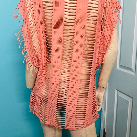 Salmon See Thru Slices & Fringe Pullover Sleeveless Tunic Top/Swimwear Cover~L - Picture 4 of 5